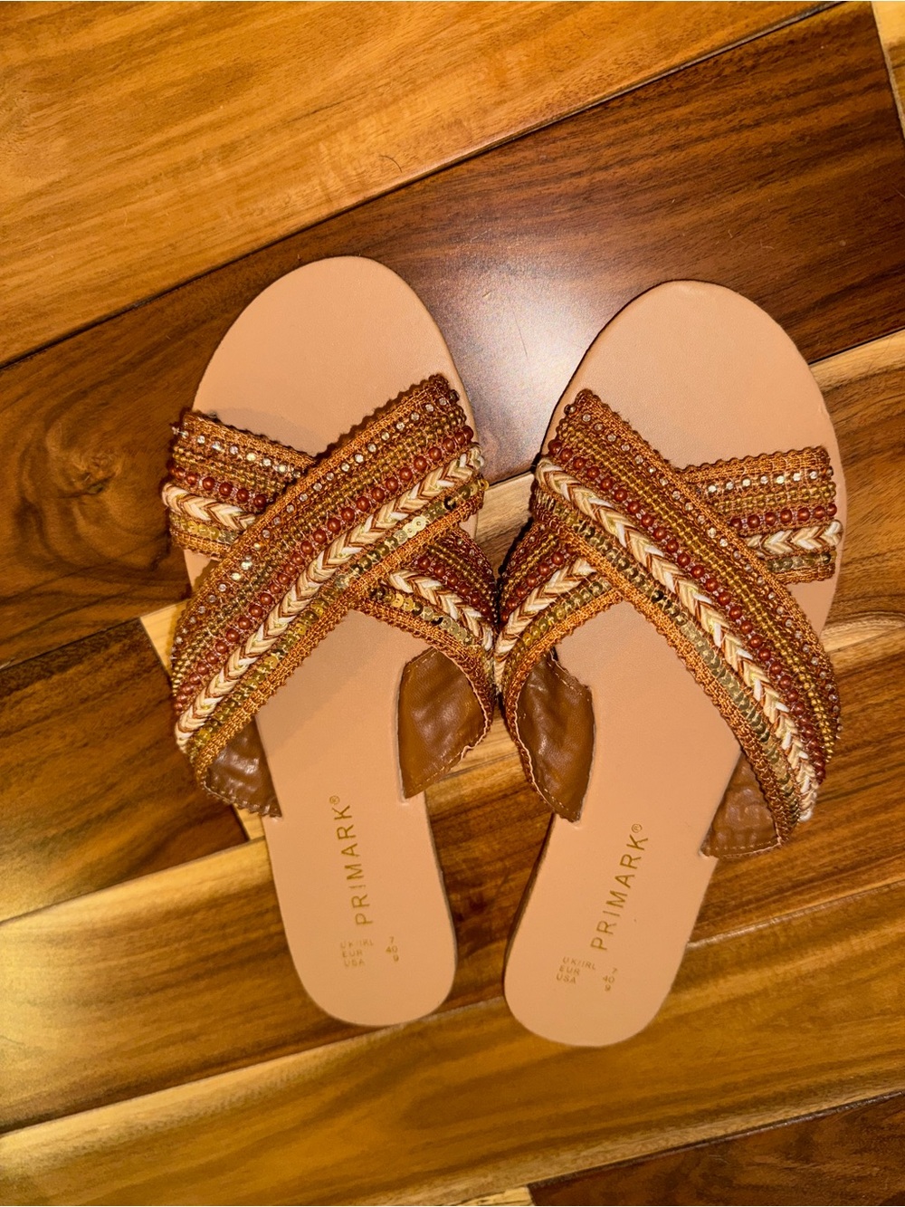 Primark Womens Tan and Brown Beaded/sequin Cross-Strap Sandals